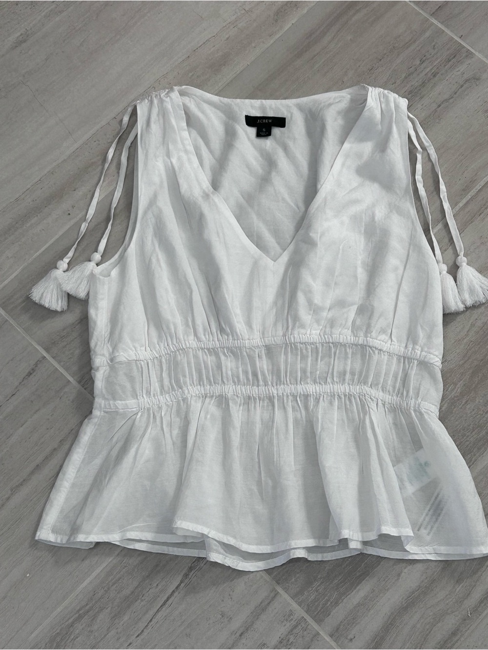 J. Crew White V-Neck Tassel Peplum Camisole